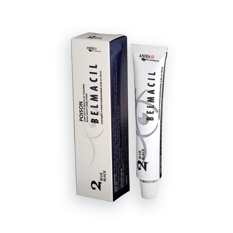 Belmacil Swiss Made Blue Black tint for tinting lashes or brows. It is bolder than black and does not look blue. To be used by beauty professionals, estheticians, aestheticians, cosmetologists, lash artists, or brow artists only. 