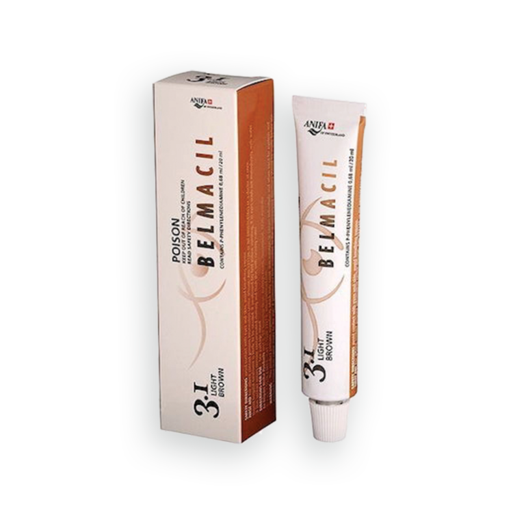 Belmacil Swiss Made Light Brown tint for tinting lashes or brows. To be used by beauty professionals, estheticians, aestheticians, cosmetologists, lash artists, or brow artists only. 