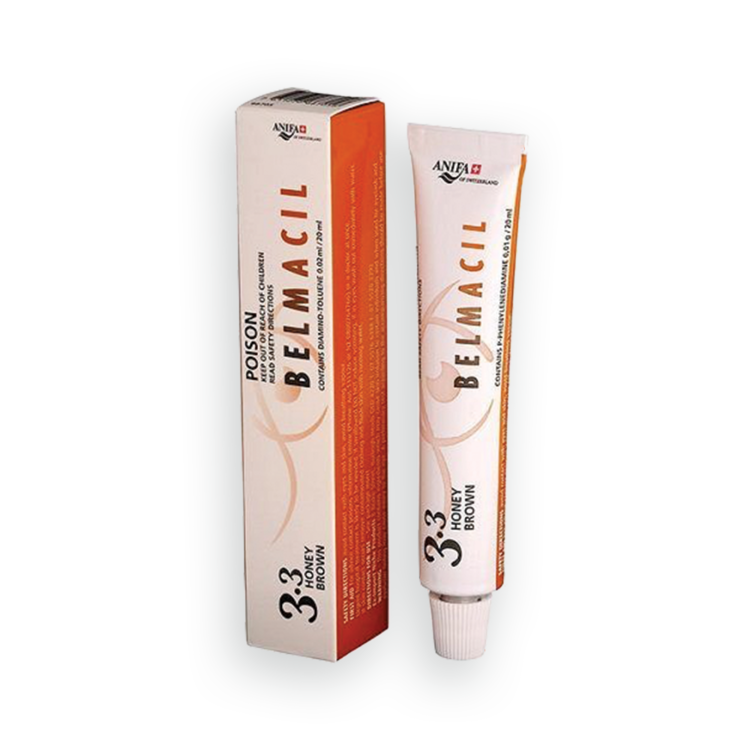 Belmacil Swiss Made Honey Brown tint for tinting lashes or brows. To be used by beauty professionals, estheticians, aestheticians, cosmetologists, lash artists, or brow artists only. 