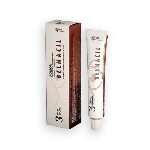 Belmacil Swiss Made Dark Brown tint for tinting lashes or brows. To be used by beauty professionals, estheticians, aestheticians, cosmetologists, lash artists, or brow artists only. 