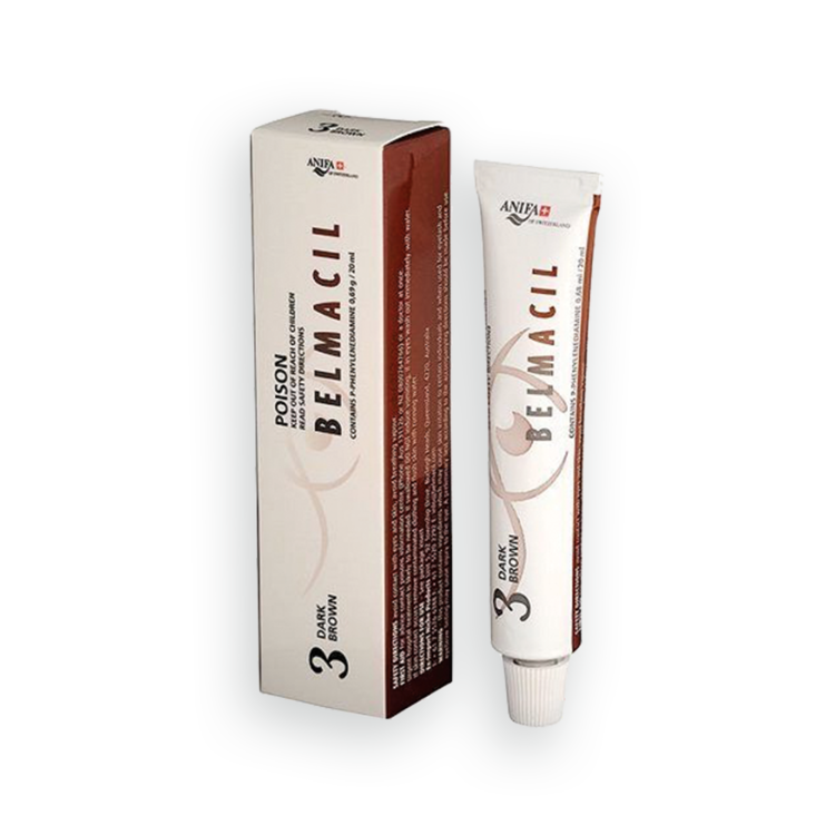 Belmacil Swiss Made Dark Brown tint for tinting lashes or brows. To be used by beauty professionals, estheticians, aestheticians, cosmetologists, lash artists, or brow artists only. 