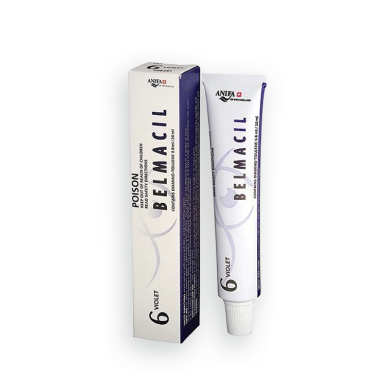 Belmacil Swiss Made Violet tint mixing for blondes, light brunettes,  and darker hair shades for tinting lashes or brows. To be used by beauty professionals, estheticians, aestheticians, cosmetologists, lash artists, or brow artists only. 