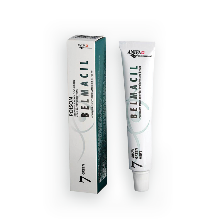 Belmacil Swiss Made Green tint for mixing colors for light colored hair, blue, green or brown eyes -tinting lashes or brows. To be used by beauty professionals, estheticians, aestheticians, cosmetologists, lash artists, or brow artists only. 